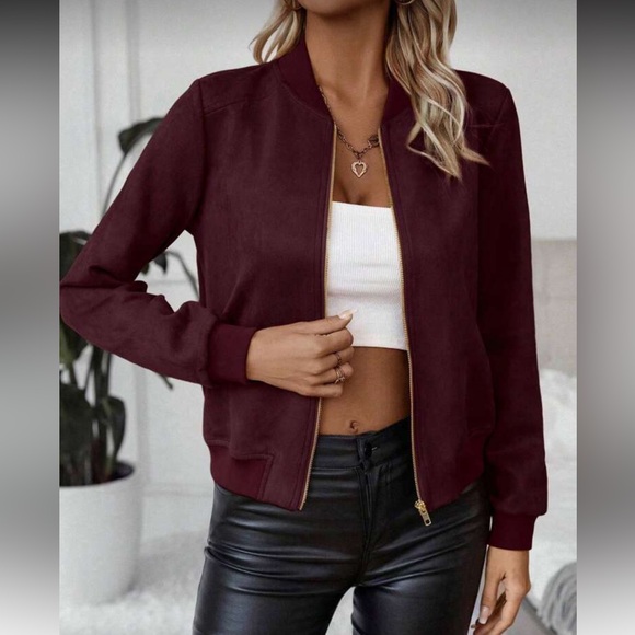 SHEIN 8/10 large Women's Burgundy Bomber Jacket suede zip-up - Picture 4 of 4